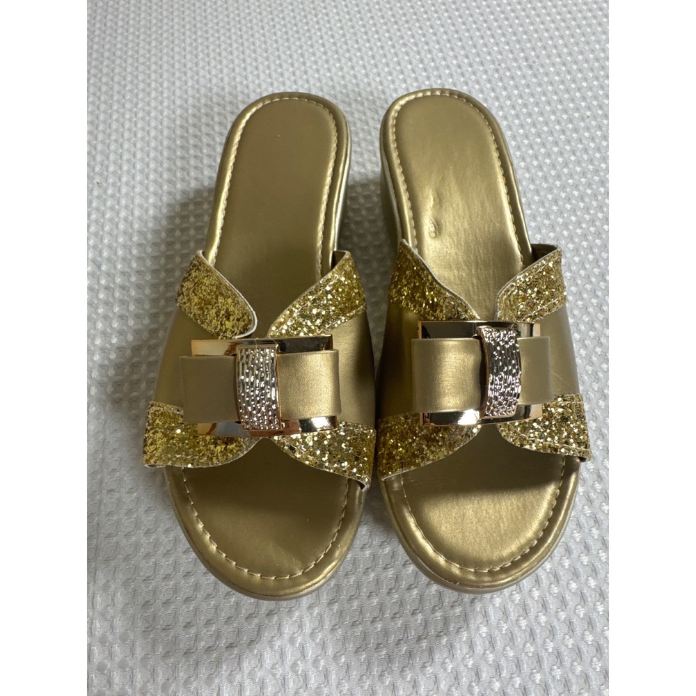 Unbranded Wedge Sandals Women 43 Gold Glitter Bow Slide NWOB